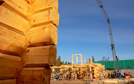 Country house cottages of wooden log under open construction roof, rural properties building