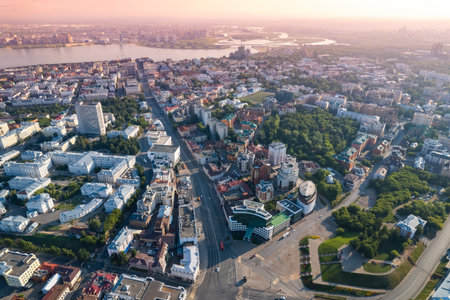 Panoramic aerial top view of Kazan with sun light, republic of Tatarstan Russiaの写真素材