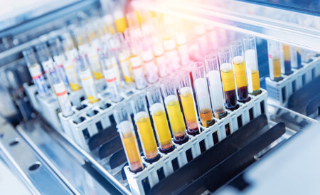 Closeup samples in robot machine for biochemical automatic testing blood laboratories