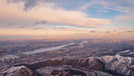 Krasnoyarsk Russia reserve nature Stolby, Aerial top view winter sunsetの写真素材