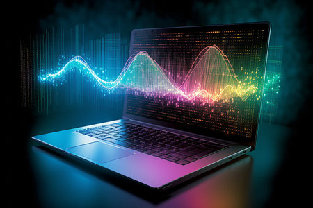 Laptop with abstract glowing forex chart on screen. Generative AI.の素材