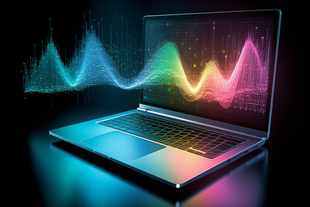 Laptop with abstract glowing business chart on black background. Generative AI.の素材