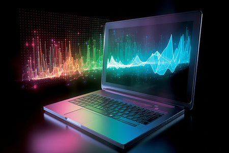 Laptop with colorful glowing forex chart on a dark background. Generative AI.の素材