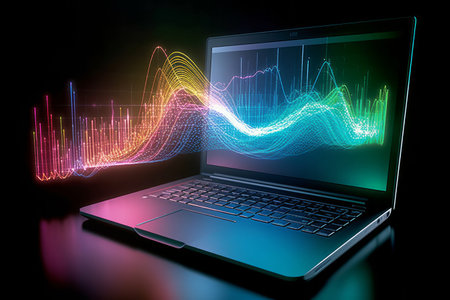 Laptop with glowing graph on the screen. 3d rendering.の素材