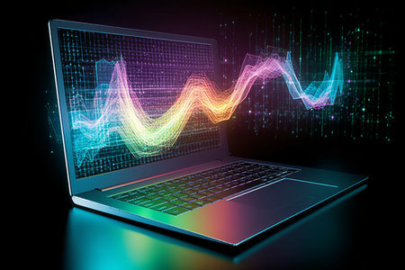 Laptop with stock market graph on the screen. 3d rendering. Generative AI.の素材