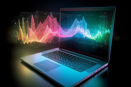 Laptop with abstract colorful graph on dark background. 3D renderingの素材