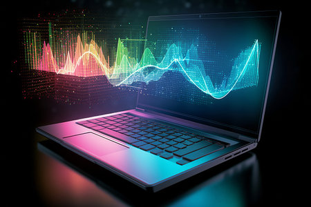 Laptop with glowing forex chart on dark background 3D rendering. Generative AI.の素材