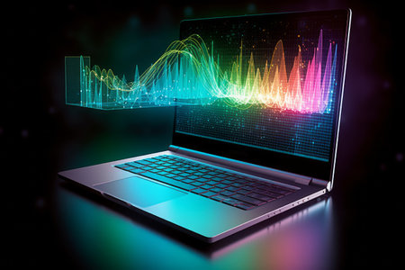 Laptop with glowing forex chart on dark background. 3D renderingの素材