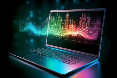 Laptop with abstract glowing forex chart on screen. 3D Rendering. Generative AI.の素材