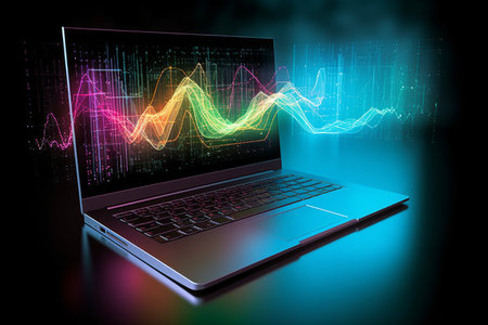 Laptop with glowing stock chart on dark background. 3D rendering. Generative AI.の素材