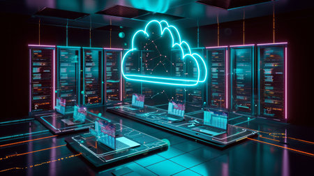 A conceptual representation of cloud computing with laptops and servers connected to a central cloudの素材