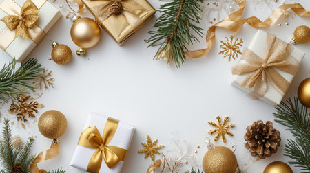 A flat lay of Christmas decorations and gift boxes with a minimalist white backgroundの素材