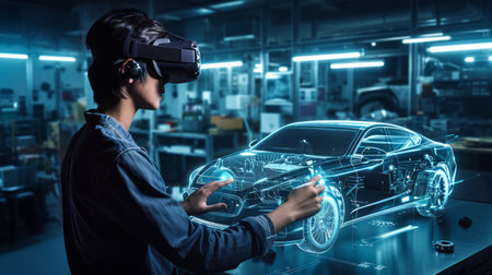 A person using virtual reality equipment to interact with a car technical dataの素材