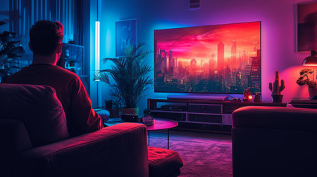 A man watching a large screen TV in a dark room with neon lightingの素材