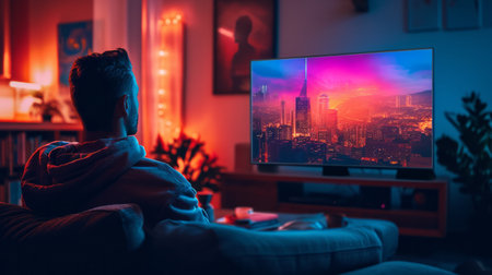 A man watching a large screen TV in a dark room with neon lightingの素材