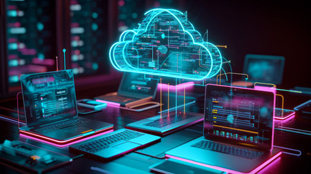 A conceptual representation of cloud computing with laptops and servers connected to a central cloudの素材