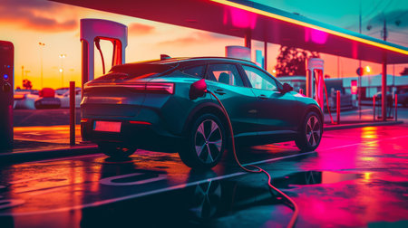 An electric car being charged at a futuristic charging station at duskの素材