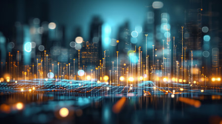 Abstract visualization of a cityscape with digital network connectionsの素材