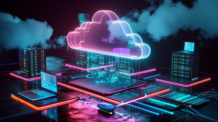 A conceptual representation of cloud computing with laptops and servers connected to a central cloudの素材