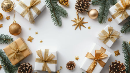A flat lay of Christmas decorations and gift boxes with a minimalist white backgroundの素材