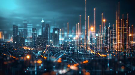 Abstract visualization of a cityscape with digital network connectionsの素材