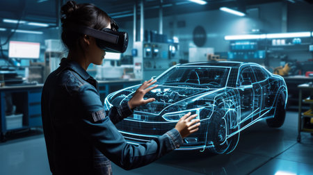 A person using virtual reality equipment to interact with a car technical dataの素材