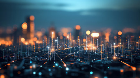 Abstract visualization of a cityscape with digital network connectionsの素材