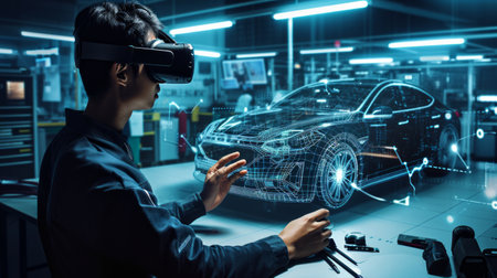 A person using virtual reality equipment to interact with a car technical dataの素材