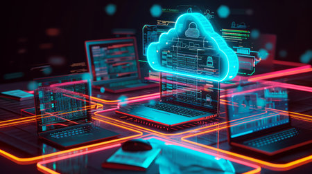 A conceptual representation of cloud computing with laptops and servers connected to a central cloudの素材