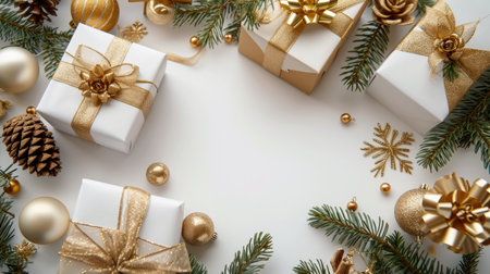 A flat lay of Christmas decorations and gift boxes with a minimalist white backgroundの素材