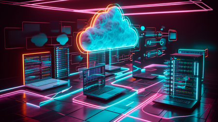 A conceptual representation of cloud computing with laptops and servers connected to a central cloudの素材