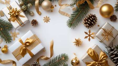 A flat lay of Christmas decorations and gift boxes with a minimalist white backgroundの素材