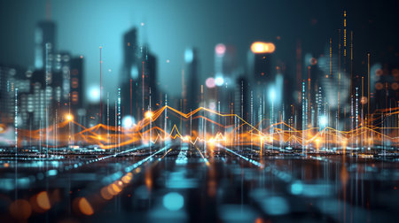 Abstract visualization of a cityscape with digital network connectionsの素材