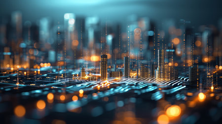 Abstract visualization of a cityscape with digital network connectionsの素材