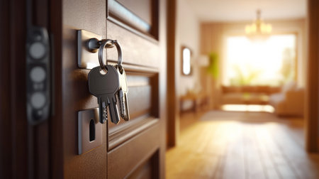 Keys in a door lock with a living room in the backgroundの素材