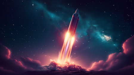 A vibrant rocket launch against a starry night skyの素材