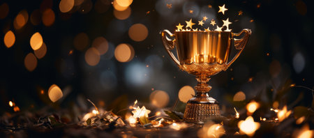 A trophy surrounded by shining stars against a dark backdropの素材
