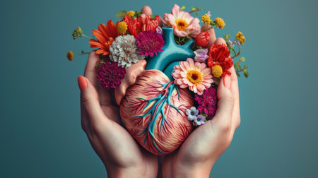 An anatomical heart model adorned with vibrant flowers held in handsの素材