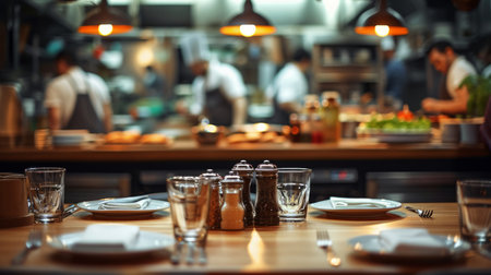 A restaurant table with glasses and condiments in the foreground chefs cooking in the backgroundの素材