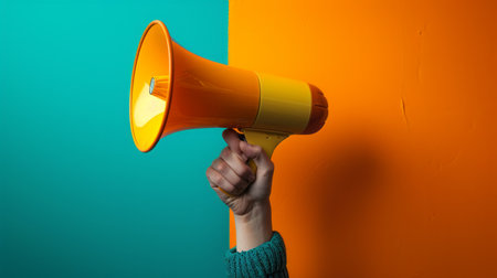 A hand holding a yellow megaphone against a teal and orange backgroundの素材
