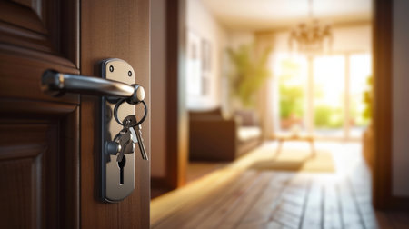 Keys in a door lock with a living room in the backgroundの素材