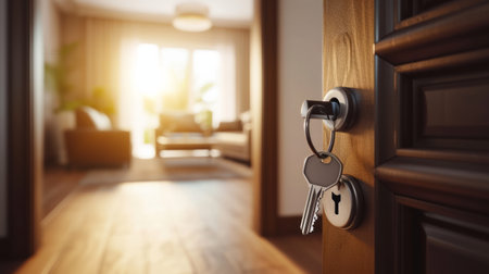 Keys in a door lock with a living room in the backgroundの素材