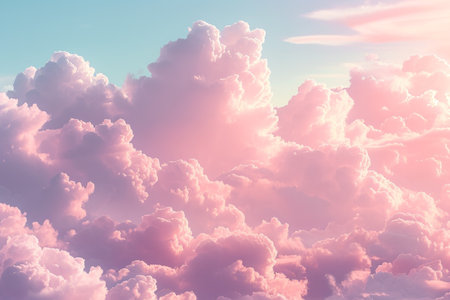 A dreamlike cloudscape with vibrant pink and soft white hues, resembling cotton candy.の素材