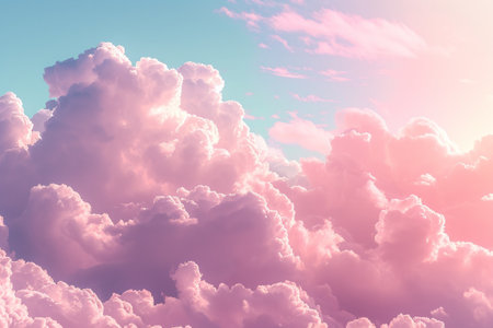 A dreamlike cloudscape with vibrant pink and soft white hues, resembling cotton candy.の素材