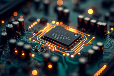 Close up of a microchip on a motherboard with illuminated circuits.の素材