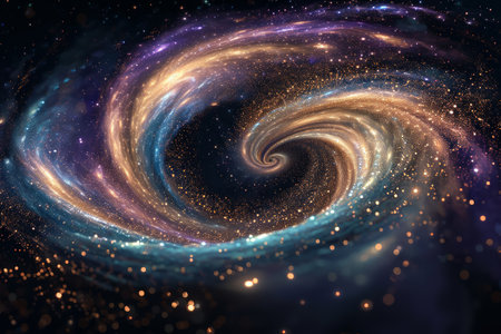 A cosmic swirl of stars and galaxies with vibrant colors and glittering particles.の素材