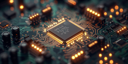 Close up of a microchip on a motherboard with illuminated circuits.の素材