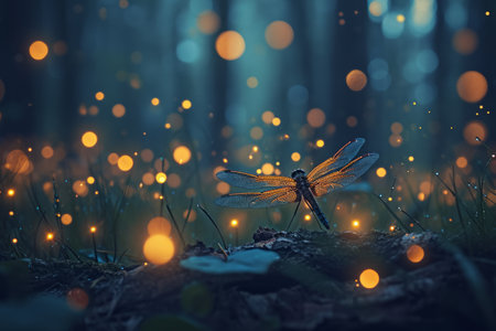 A dragonfly amidst a magical scene of glowing orbs in a twilight forest.の素材