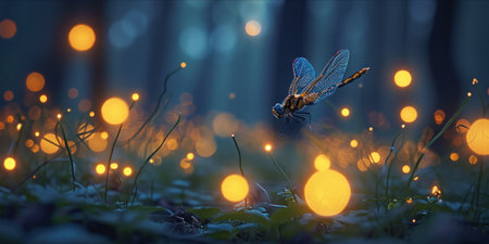 A dragonfly amidst a magical scene of glowing orbs in a twilight forest.の素材