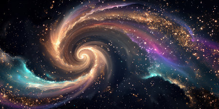 A cosmic swirl of stars and galaxies with vibrant colors and glittering particles.の素材